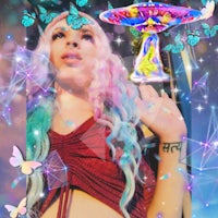 an image of a girl with colorful hair and a ufo