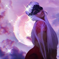 a woman with long hair and a mask in front of a starry sky